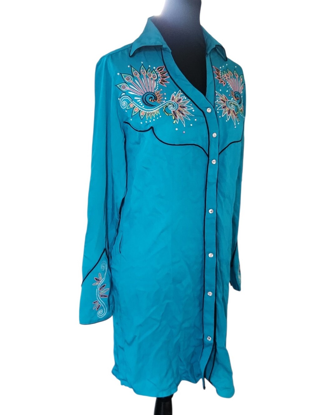 Wrangler Western Shirt Dress Small Turquoise Blue Long Sleeve Rodeo Embroidered - Picture 2 of 11